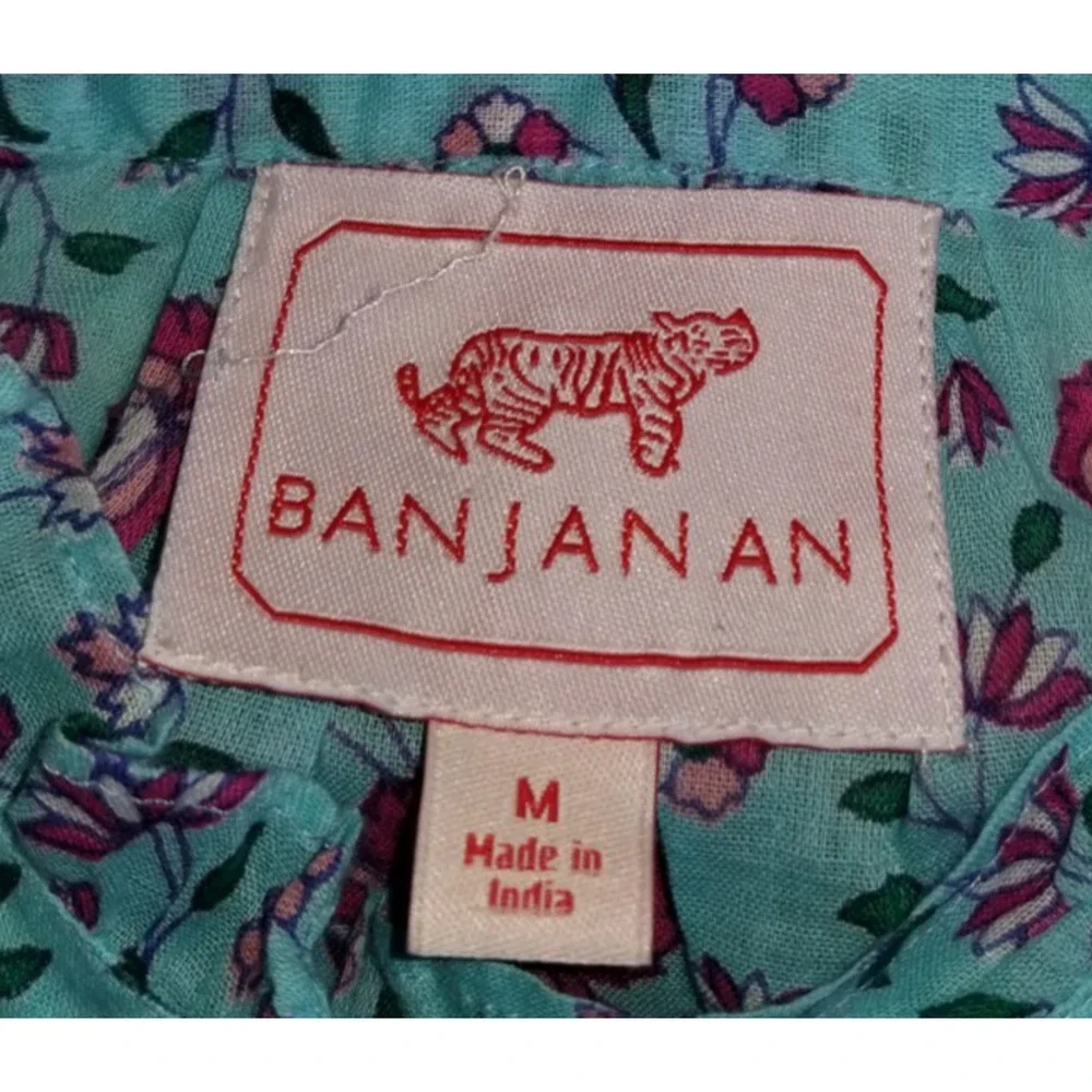Womens Top-BANJANAN-blue/pink floral button-up ruffled Cottagecore Coastal-M - Picture 4 of 4